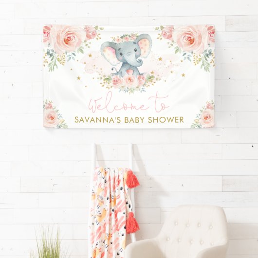ピンク赤面フラワーエレファントベビーガールウェルカム 横断幕 (インサイチュ)