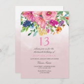 ピンク赤面フラワーガールズ12th 13th 14誕生日 招待状 (正面/裏面)
