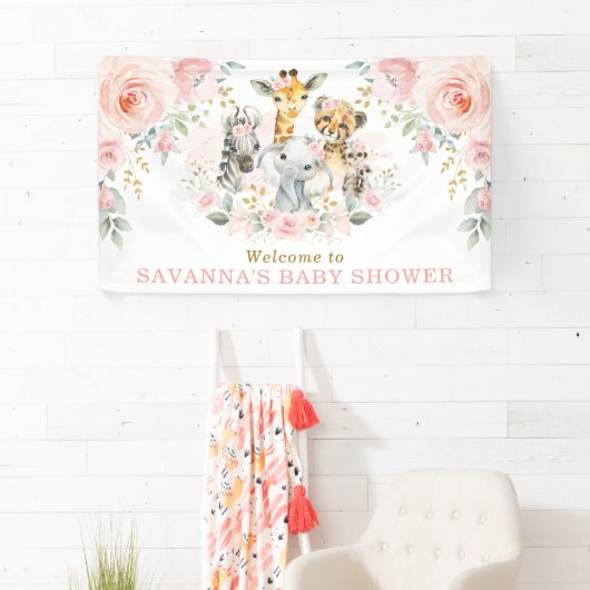ピンク赤面フラワージャングルサファリベビーガールウェルカム 横断幕 (インサイチュ)
