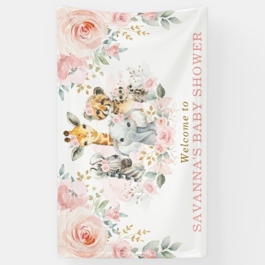 ピンク赤面フラワージャングルサファリベビーガールウェルカム 横断幕 (縦)