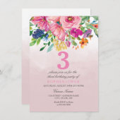 ピンク赤面フラワーズガールズチャイルズバースデーパーティー 招待状 (正面/裏面)