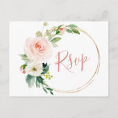 ピンク赤面フラワーズグリーンフローラウェディングRSVP ポストカード (正面)
