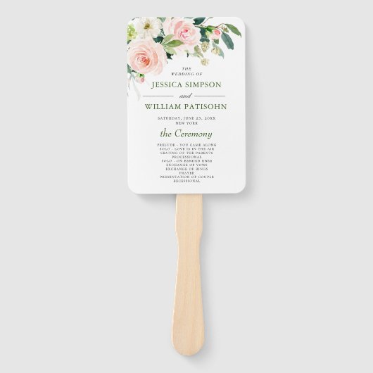 ピンク赤面フラワーズグリーンフローラ結婚式 プログラム ハンドファン (正面)