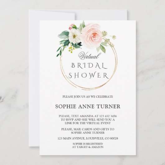 ピンク赤面フラワーズバーチャルブライダルシャワーバイメール 招待状 (正面)