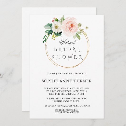 ピンク赤面フラワーズバーチャルブライダルシャワーバイメール 招待状 (正面/裏面)