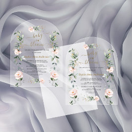 ピンク赤面フラワーズ金ゴールドガールベビーイン開花 アクリル招待状