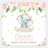 ピンク赤面フローラかわいいゾウありがとう スクエアシール (正面)