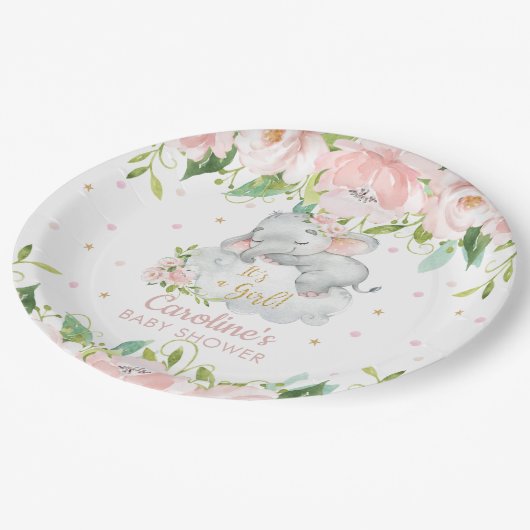 ピンク赤面フローラかわいい象の赤ちゃんシャワー ペーパープレート (アングル)
