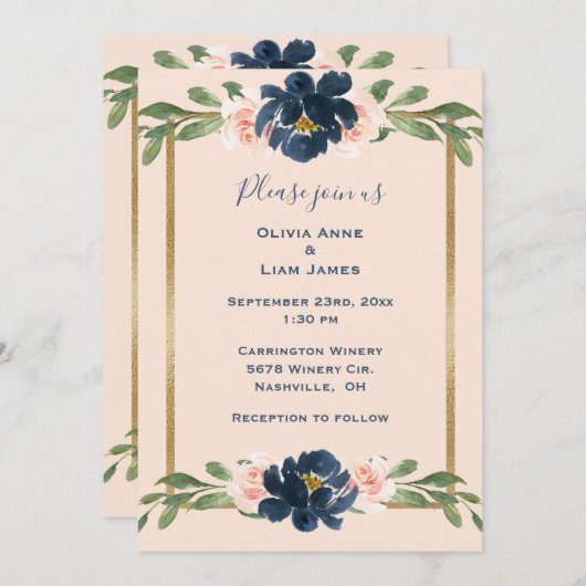 ピンク赤面フローラインジゴエレガント金ゴールド結婚ズ 招待状 (正面/裏面)