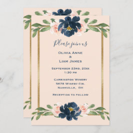 ピンク赤面フローラインジゴエレガント金ゴールド結婚ズ 招待状