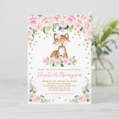 ピンク赤面フローラウッドランドキツネベビーガールシャワー 招待状 (スタンド正面)