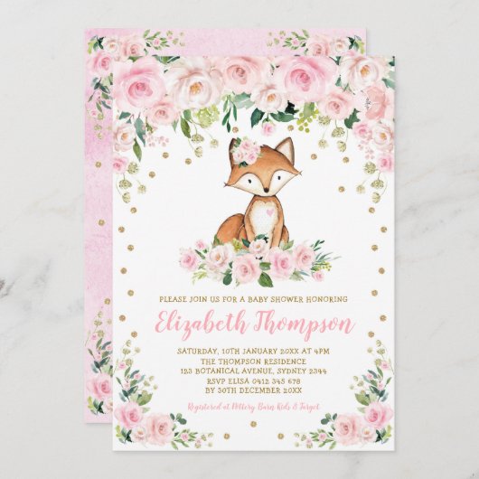 ピンク赤面フローラウッドランドキツネベビーガールシャワー 招待状 (正面/裏面)