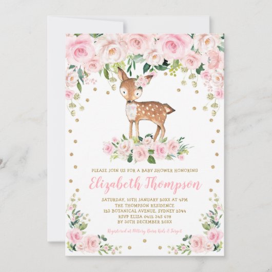 ピンク赤面フローラウッドランドディアベビーガールシャワー 招待状 (正面)