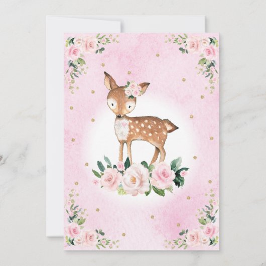 ピンク赤面フローラウッドランドディアベビーガールシャワー 招待状 (裏面)
