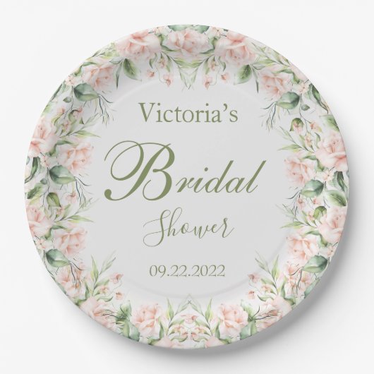 ピンク赤面フローラエレガント名ブライダルシャワー ペーパープレート (正面)