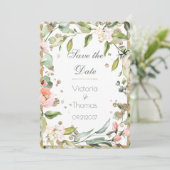 ピンク赤面フローラエレガント金ゴールド結婚ズ セーブザデート (スタンド正面)