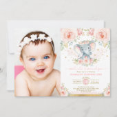 ピンク赤面フローラエレファントガール1st誕生日パーティー 招待状 (正面)