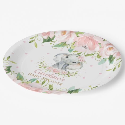ピンク赤面フローラエレファント誕生日ベビーシャワー ペーパープレート (アングル)