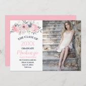 ピンク赤面フローラオンホワイトフォト卒業 案内状 (正面/裏面)