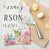 ピンク赤面フローラカスタムたった今結婚しました キッチンタオル (四つ折り)