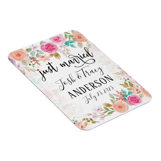 ピンク赤面フローラカスタムたった今結婚しました マグネット (右側)