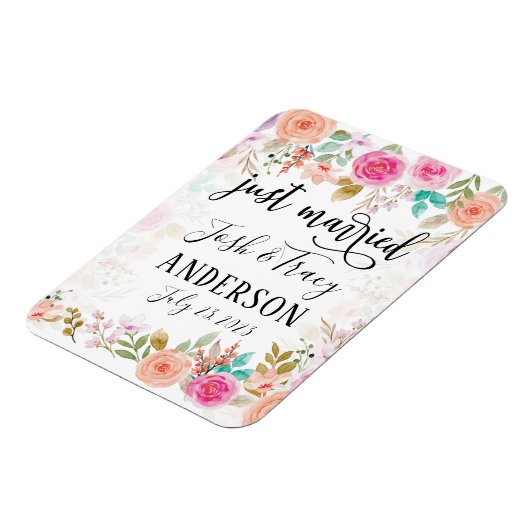 ピンク赤面フローラカスタムたった今結婚しました マグネット (左側)