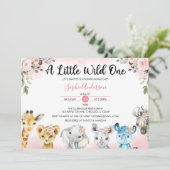 ピンク赤面フローラガールズサファリ動物のベビーシャワー 招待状 (スタンド正面)