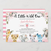 ピンク赤面フローラガールズサファリ動物のベビーシャワー 招待状 (正面/裏面)
