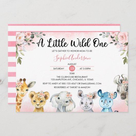 ピンク赤面フローラガールズサファリ動物のベビーシャワー 招待状 (正面/裏面)