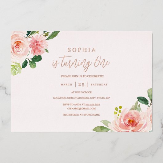 ピンク赤面フローラガール1st誕生日 箔招待状 (正面)