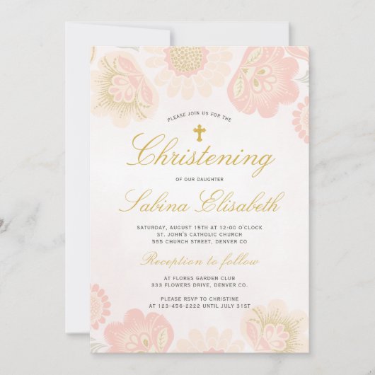 ピンク赤面フローラガール《キリスト教》洗礼式や命名式金ゴールドクロス 招待状 (正面)