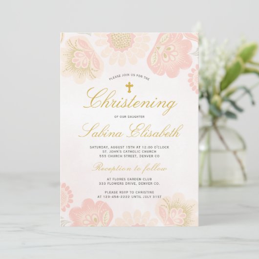 ピンク赤面フローラガール《キリスト教》洗礼式や命名式金ゴールドクロス 招待状 (スタンド正面)