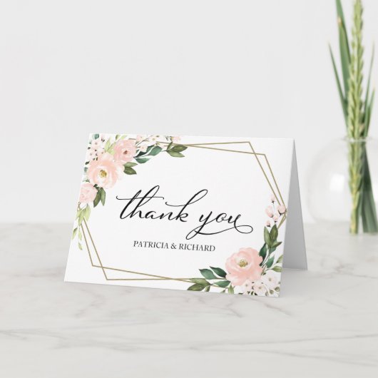 ピンク赤面フローラジオメト結婚リの感謝 カード (正面)