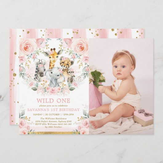 ピンク赤面フローラジャングルアニマルワイルドワン誕生日 招待状 (正面/裏面)