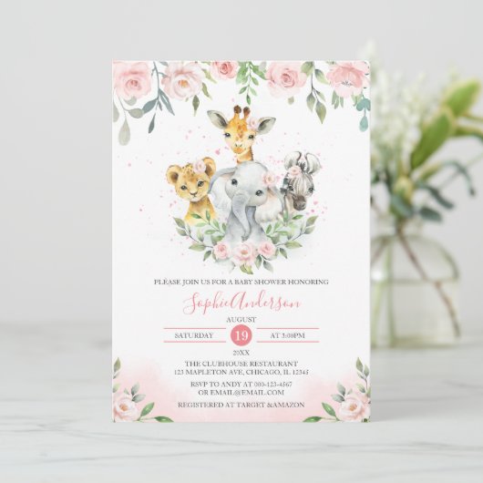 ピンク赤面フローラジャングル動物サファリベビーシャワー 招待状 (スタンド正面)