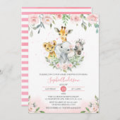 ピンク赤面フローラジャングル動物サファリベビーシャワー 招待状 (正面/裏面)