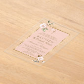 ピンク赤面フローラスペインの1歳の誕生日バプテスマ アクリル招待状 (レイダウン)