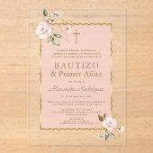 ピンク赤面フローラスペインの1歳の誕生日バプテスマ アクリル招待状 (正面)