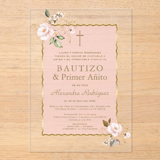 ピンク赤面フローラスペインの1歳の誕生日バプテスマ アクリル招待状 (正面)
