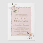 ピンク赤面フローラスペインの1歳の誕生日バプテスマ ベラム紙招待状 (正面)