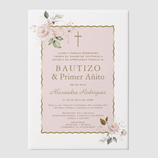 ピンク赤面フローラスペインの1歳の誕生日バプテスマ ベラム紙招待状 (正面)