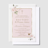 ピンク赤面フローラスペインの1歳の誕生日バプテスマ ベラム紙招待状 (オフセット)