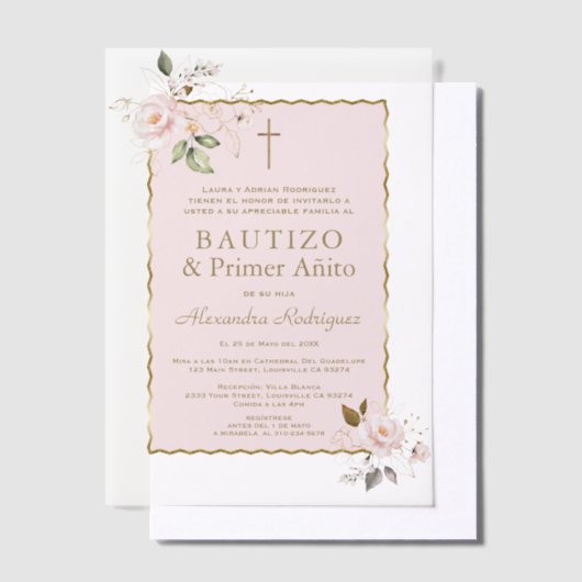 ピンク赤面フローラスペインの1歳の誕生日バプテスマ ベラム紙招待状 (オフセット)