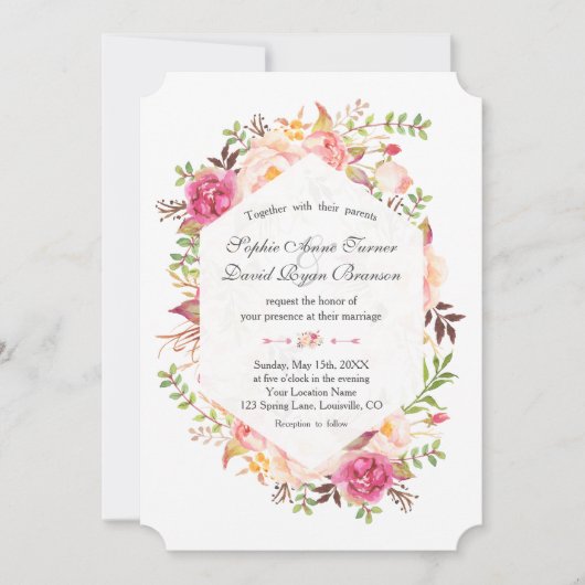 ピンク赤面フローラダスティブルージオメトリック結婚ス 招待状 (正面)