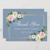 ピンク赤面フローラダスティブルー結婚ズ サンキューカード (正面/裏面)