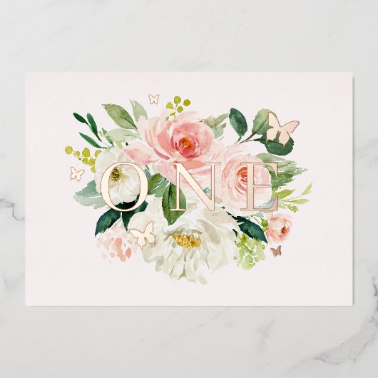 ピンク赤面フローラバタフライガール1st誕生日 箔招待状 (正面)