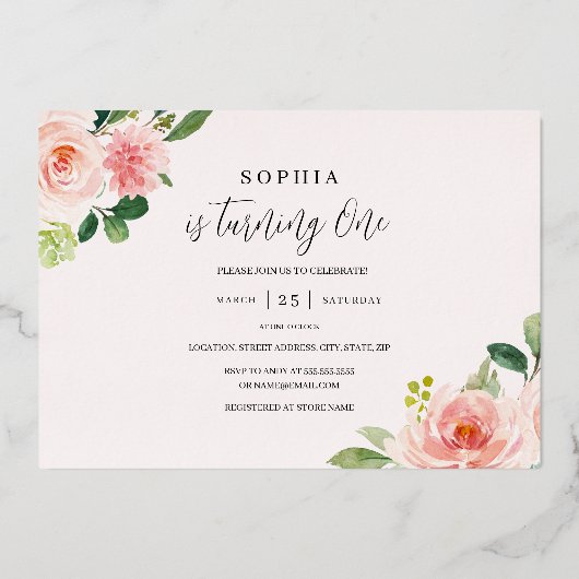 ピンク赤面フローラバタフライガール1st誕生日 箔招待状 (裏面)