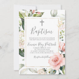 ピンク赤面フローラバプテスマ招待状 招待状