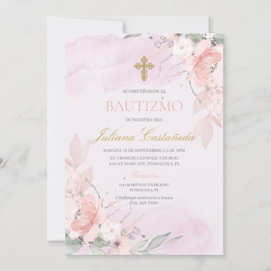 ピンク赤面フローラバプテスマenスペイン 招待状 (正面)