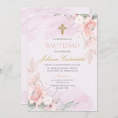 ピンク赤面フローラバプテスマenスペイン 招待状 (正面/裏面)